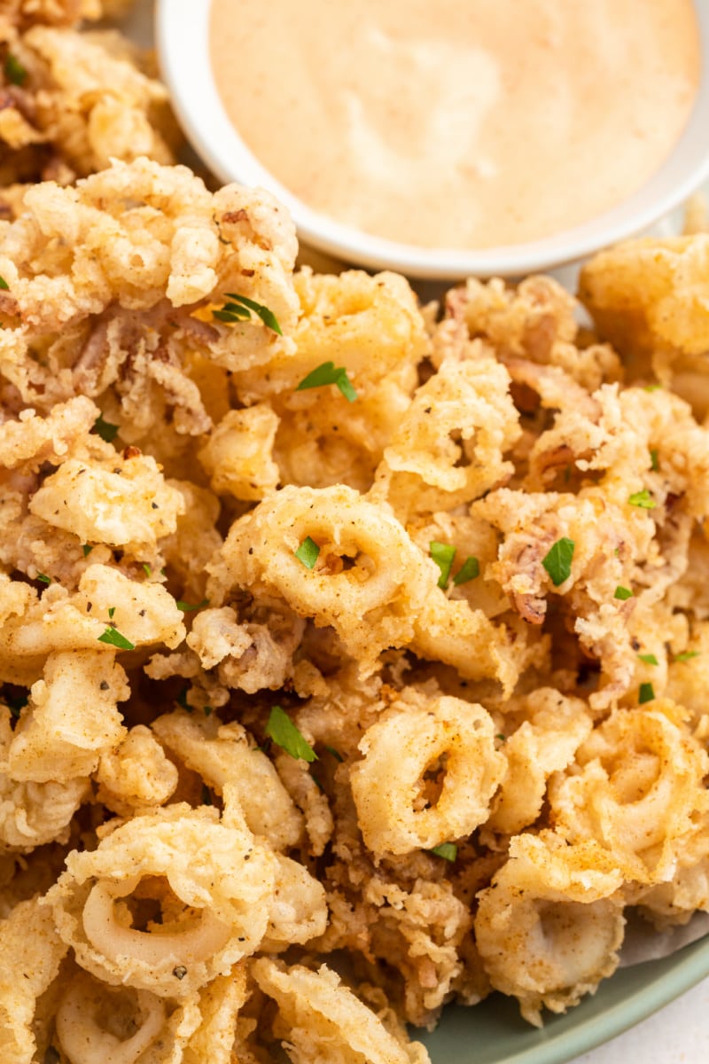 fried calamari on platter with bowl of dipping sauce