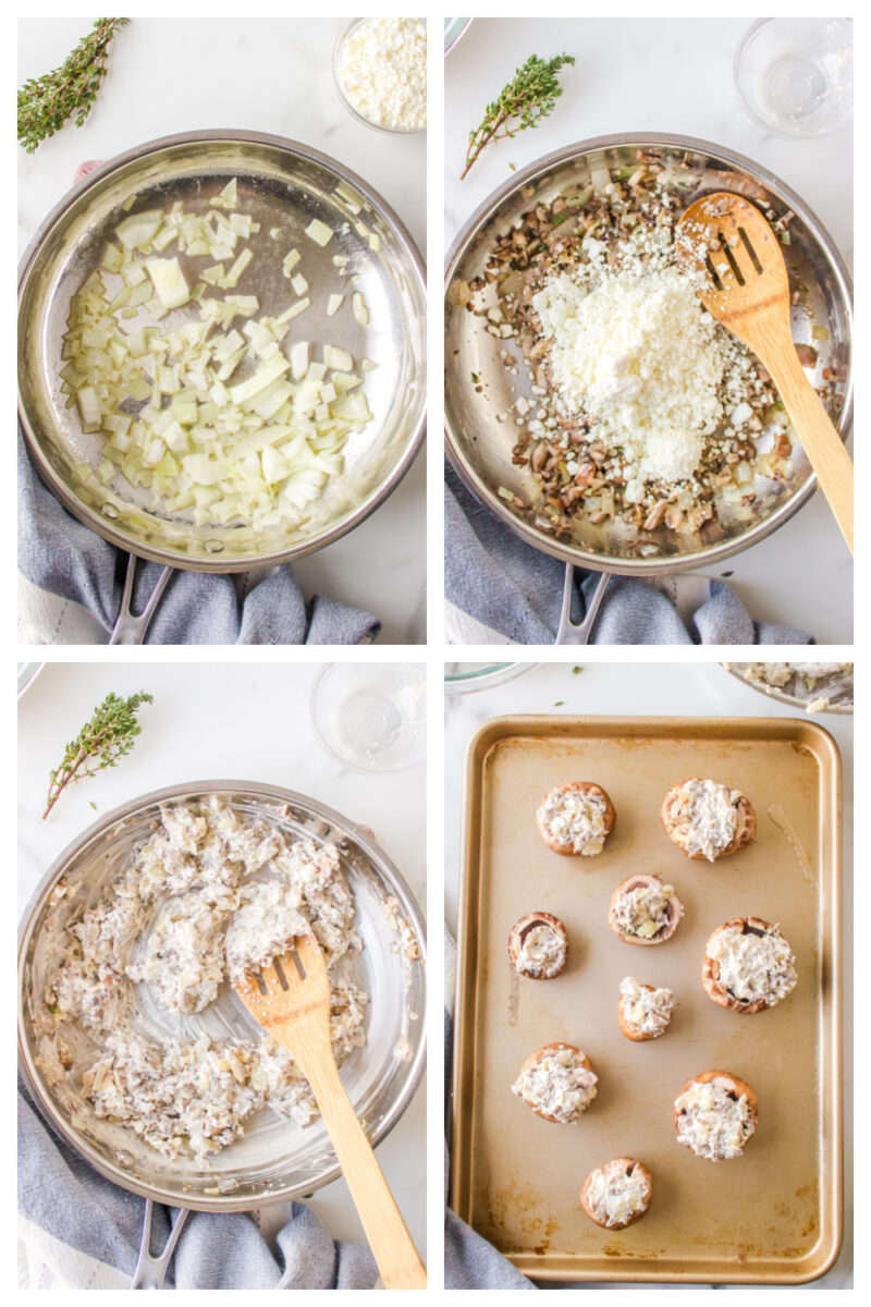 four photos showing how to make filling for stuffing mushrooms