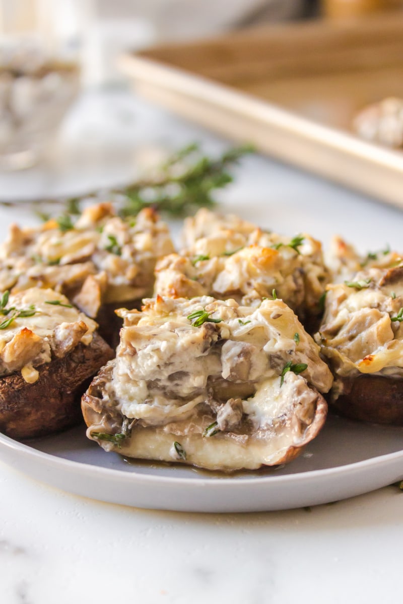 bite out of a goat cheese stuffed mushroom