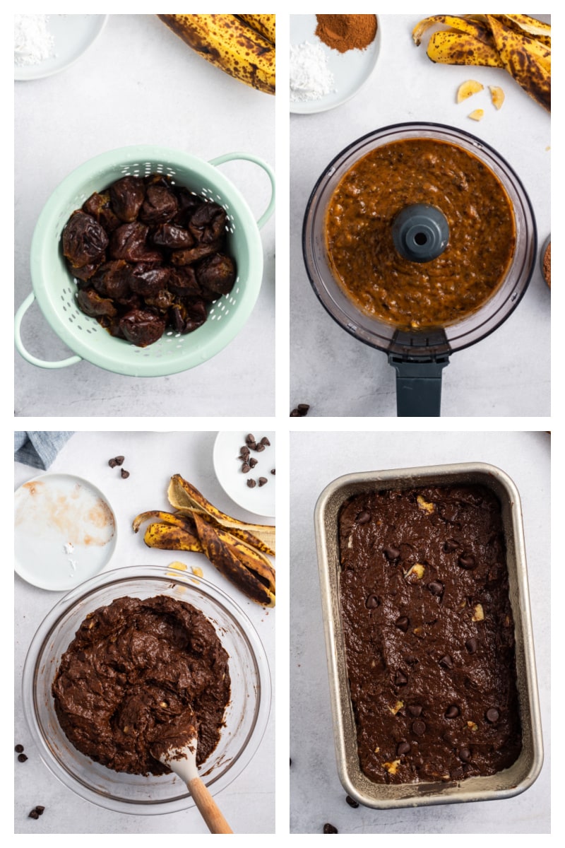 four photos showing how to make healthier chocolate banana bread