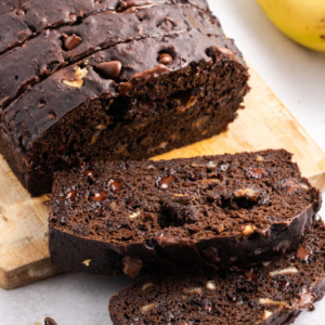 loaf of chocolate banana bread cut into slices