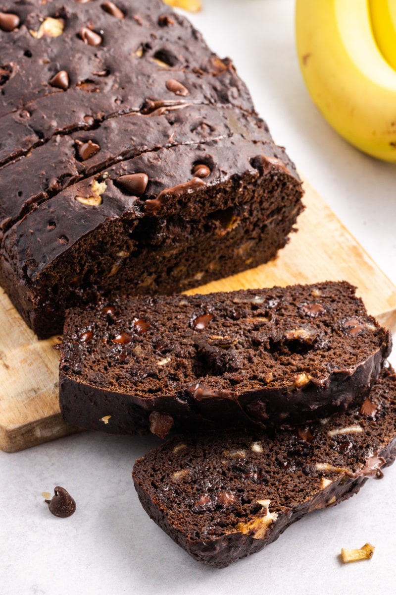 loaf of chocolate banana bread cut into slices