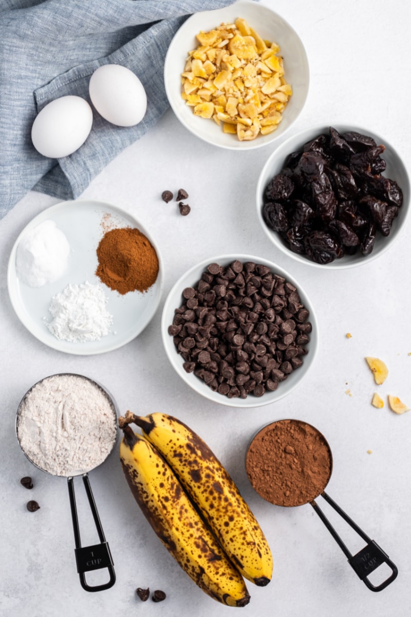 ingredients displayed for making chocolate banana bread