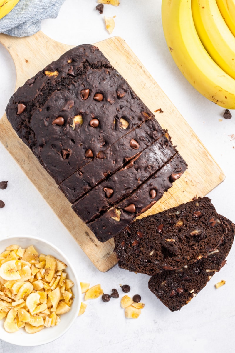 loaf of chocolate banana bread cut into slices