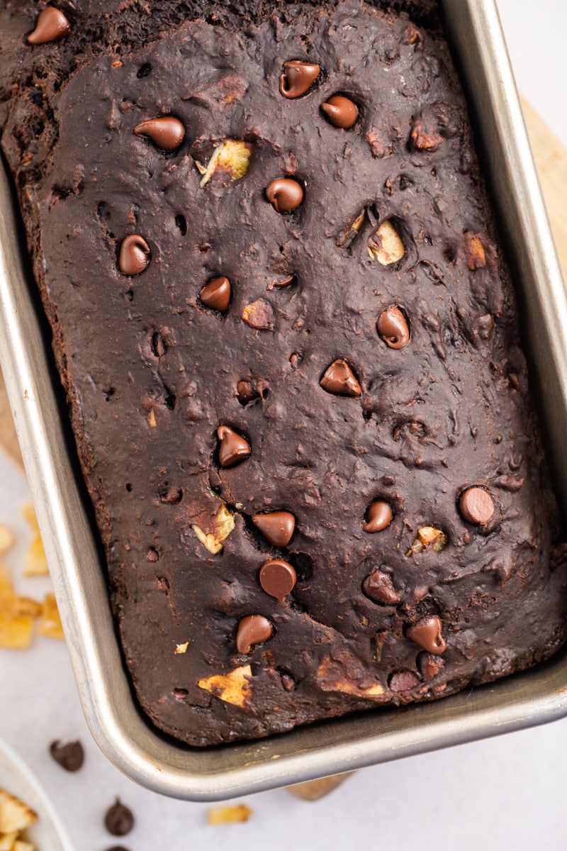 loaf of chocolate banana bread in pan