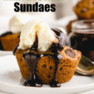 pinterest image for hot fudge brownie sundaes
