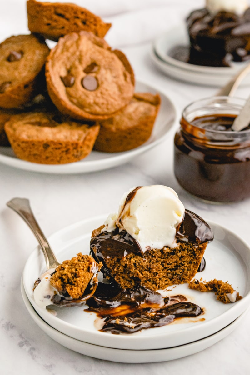 hot fudge mint brownie sundae cut in half