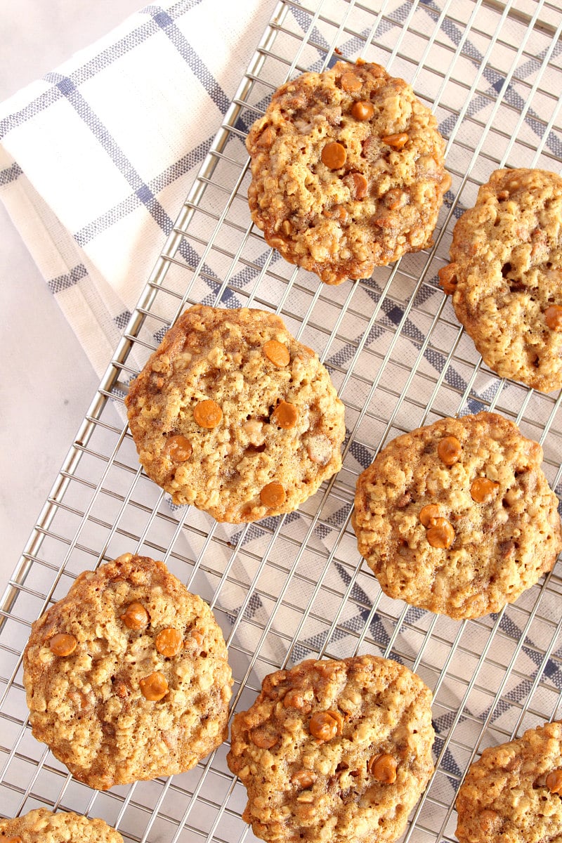 loaded oatmeal cookies on a cooling rack