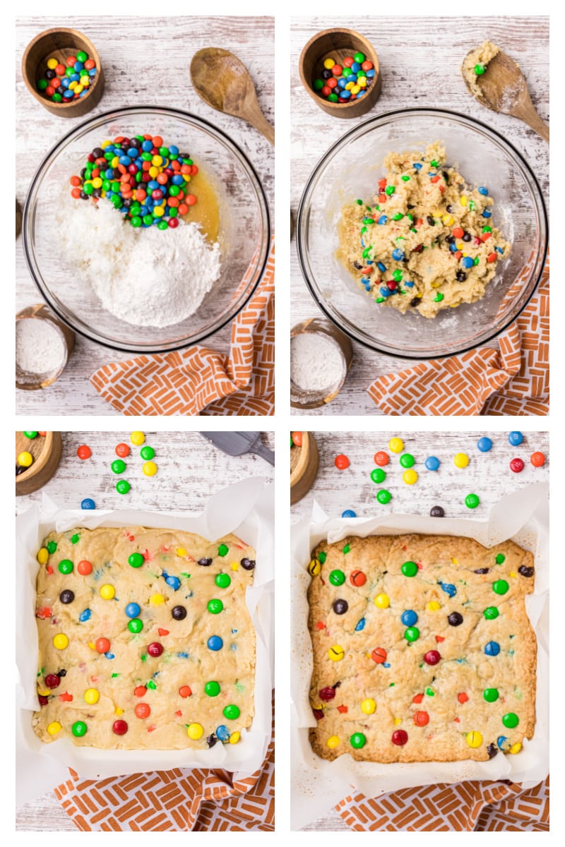 four photos showing process of making samoa m&M blondies