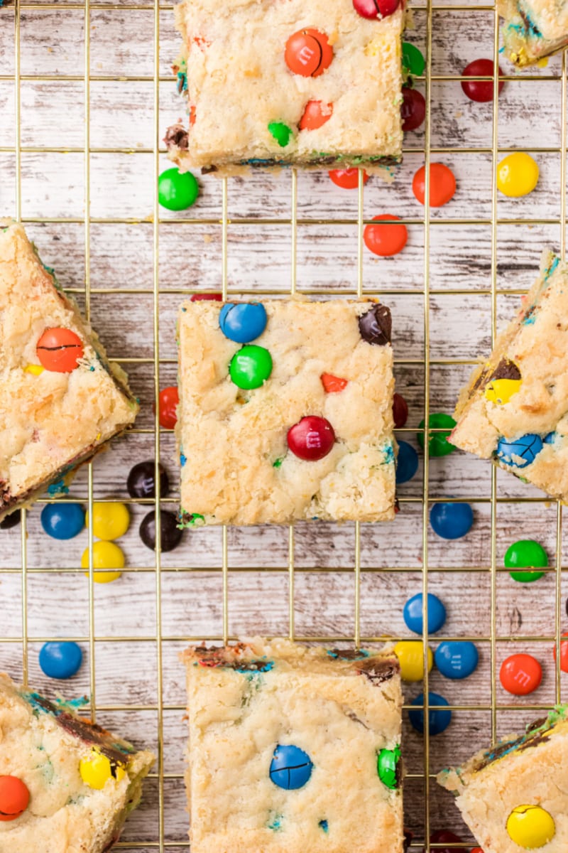 M&M blondies on a cooling rack