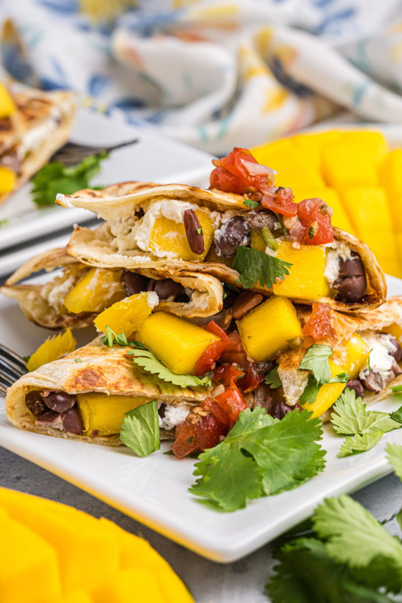 mango black bean goat cheese quesadilla stacked