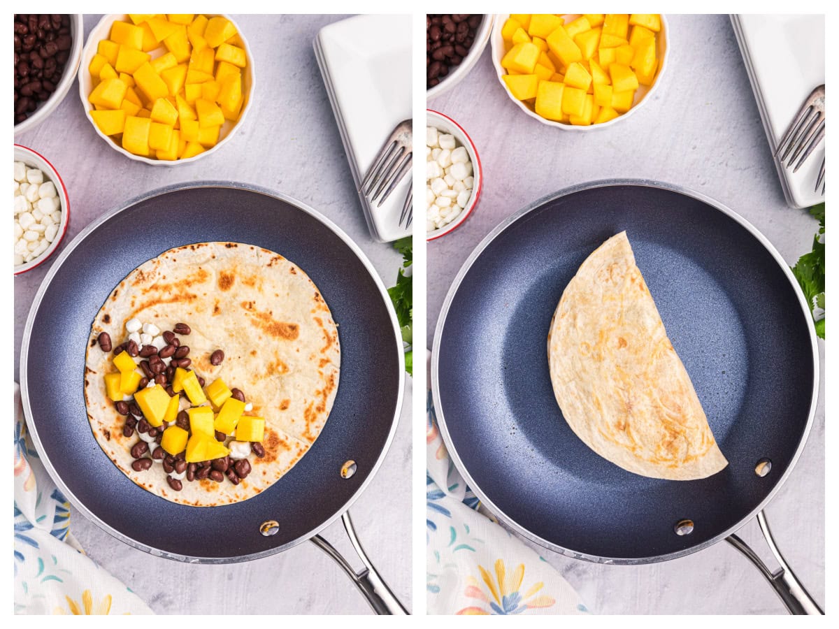 two photos showing how to make mango black bean goat cheese quesadilla