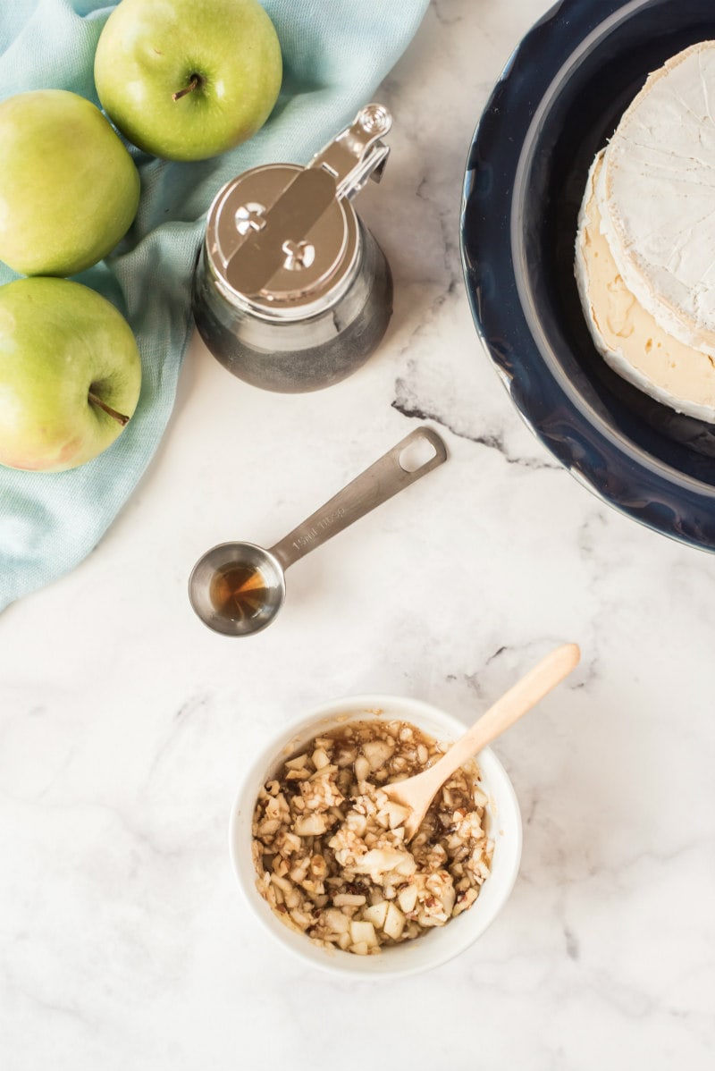 ingredients displayed for maple pecan apple stuffed brie