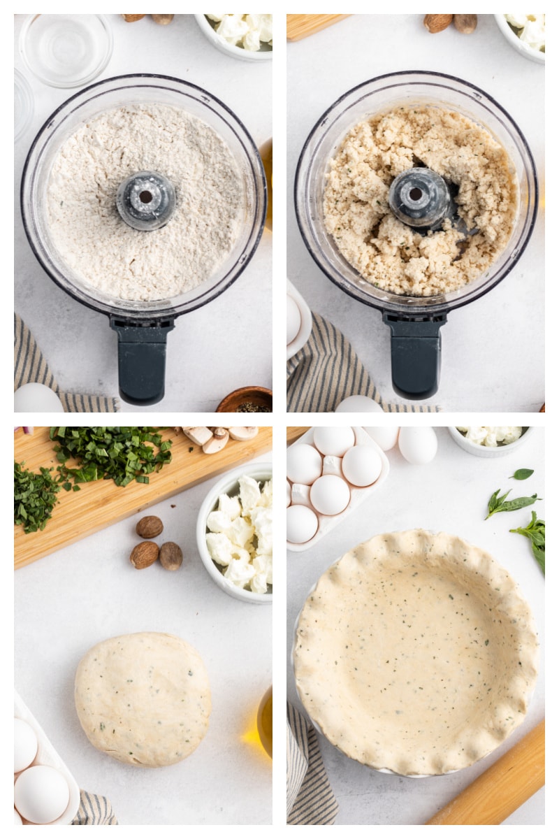 four photos showing how to make crust and put in pie dish