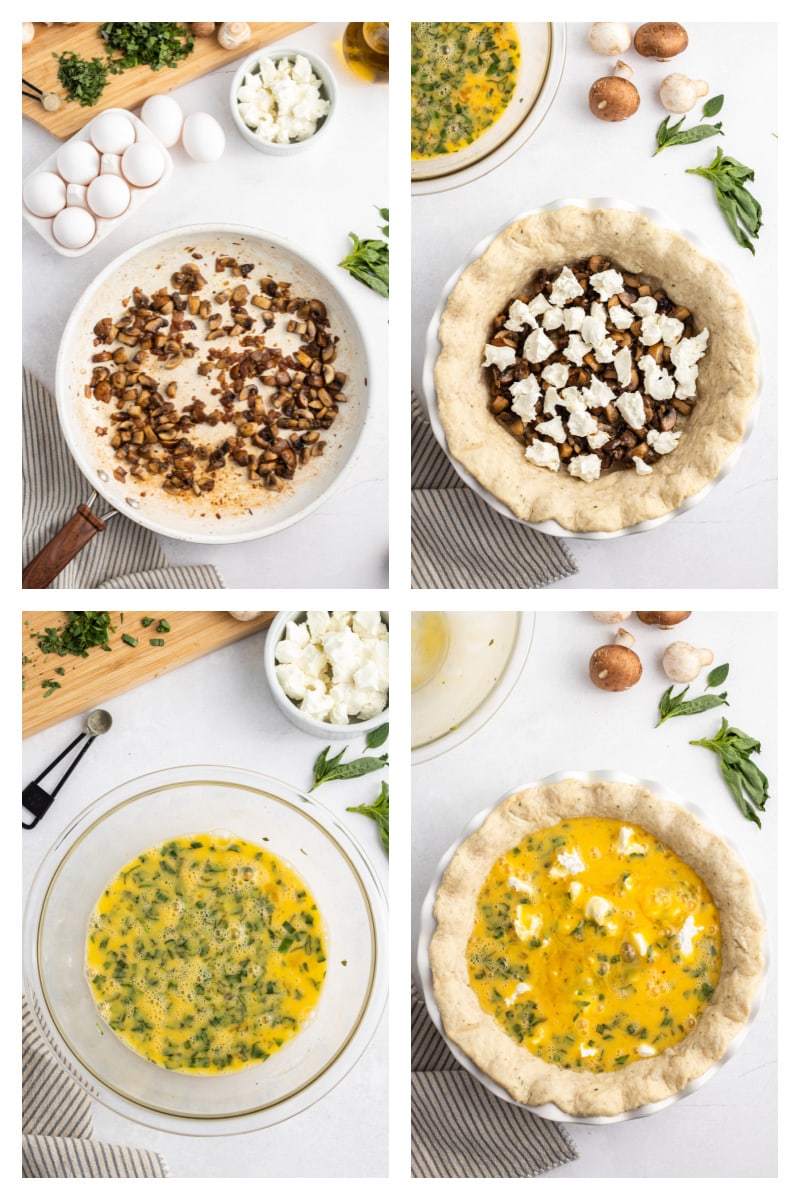 four photos showing how to assemble quiche
