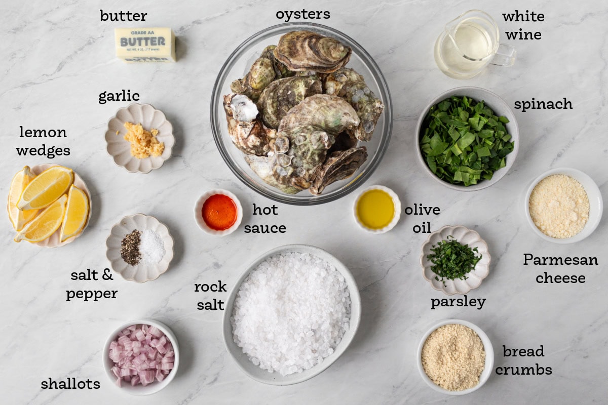 How to Make Oysters Rockefeller : an easy appetizer for a dinner party or happy hour : recipe from RecipeGirl.com ingredients displayed for making oysters rockefeller