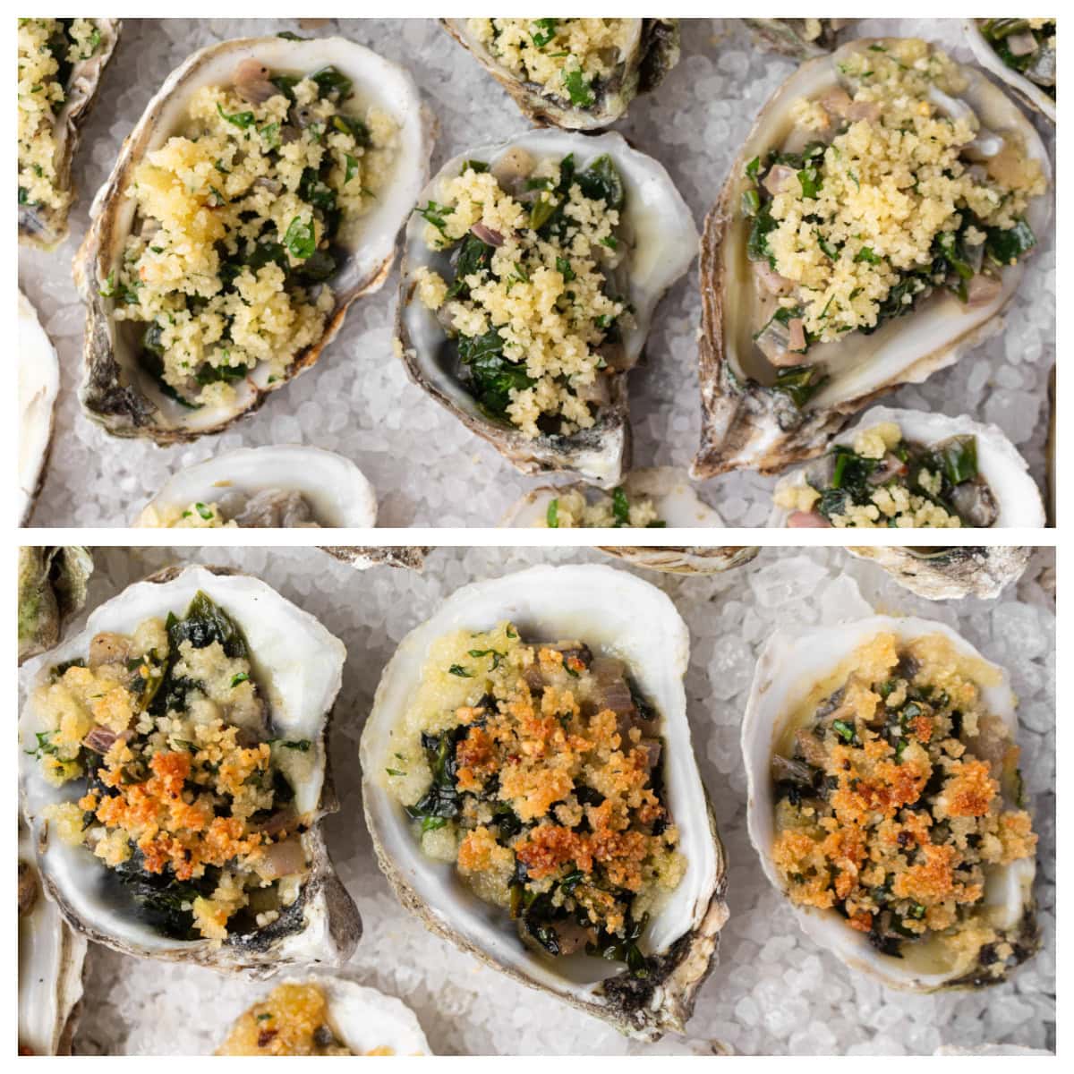 How to Make Oysters Rockefeller : an easy appetizer for a dinner party or happy hour : recipe from RecipeGirl.com two photos showing oysters rockefeller before and after baking