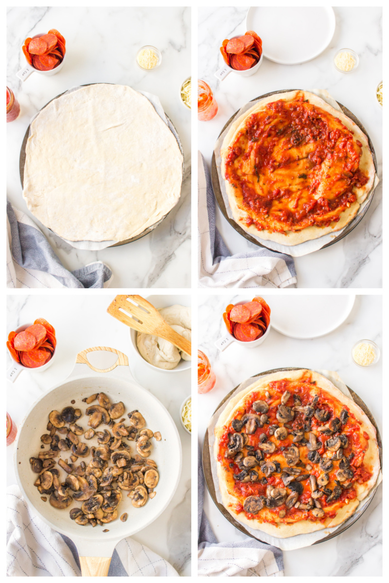 four photos showing assembly of pizza