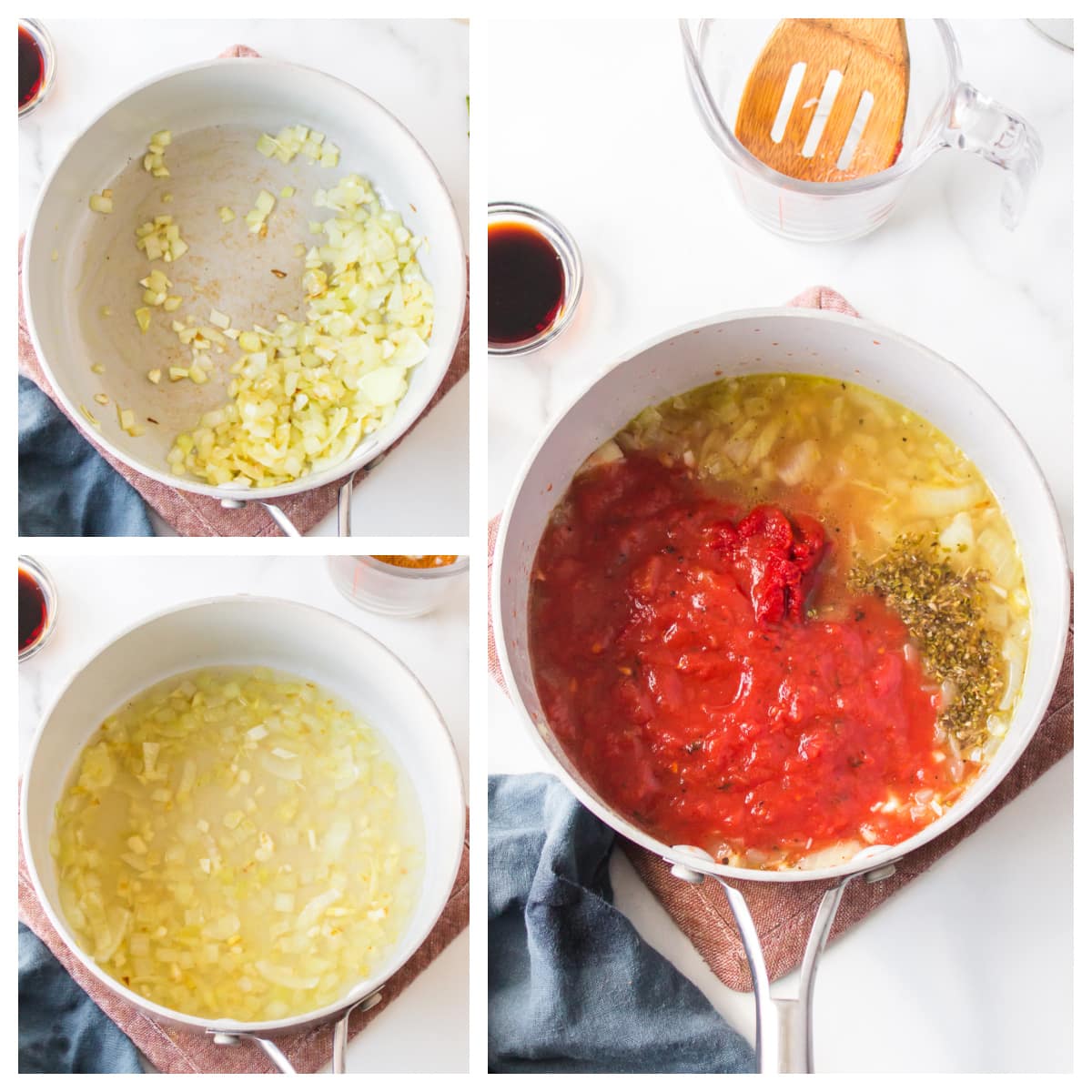 three photos showing how to make pizza sauce in pan