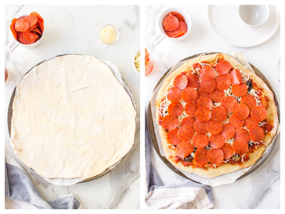 two photos showing pizza crust and then topped with pizza toppings