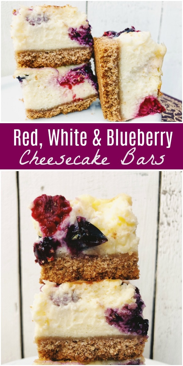 pinterest collage image for red white and blueberry cheesecake bars