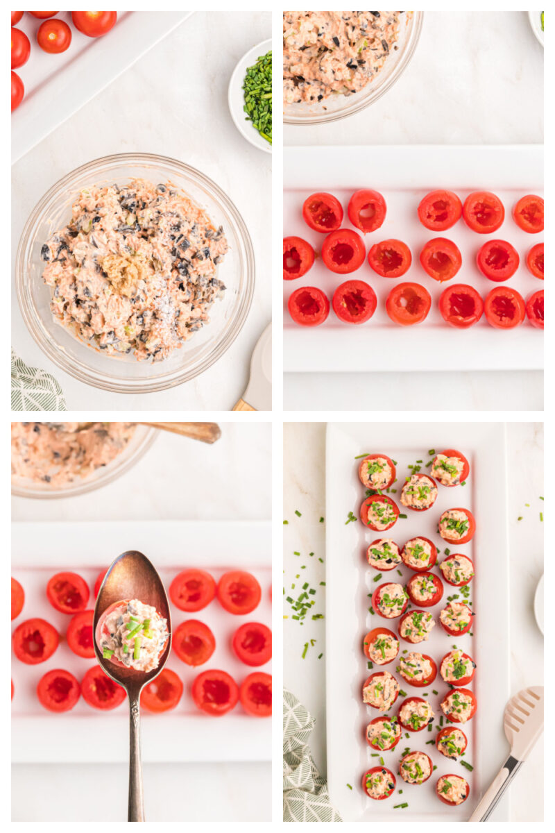 four photos showing how to make salmon stuffed cherry tomatoes