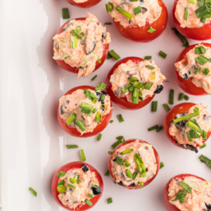 pinterest image for salmon stuffed cherry tomatoes