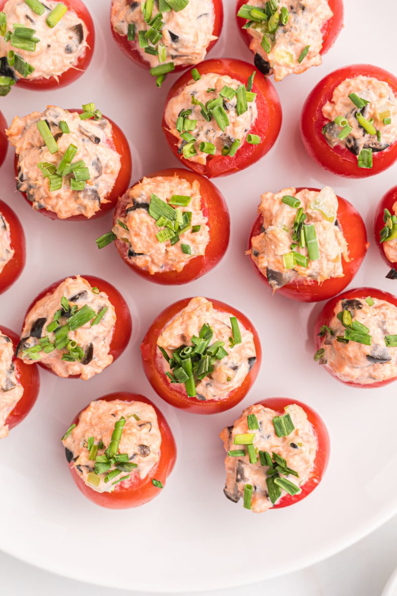 overhead shot of salmon stuffed cherry tomatoes