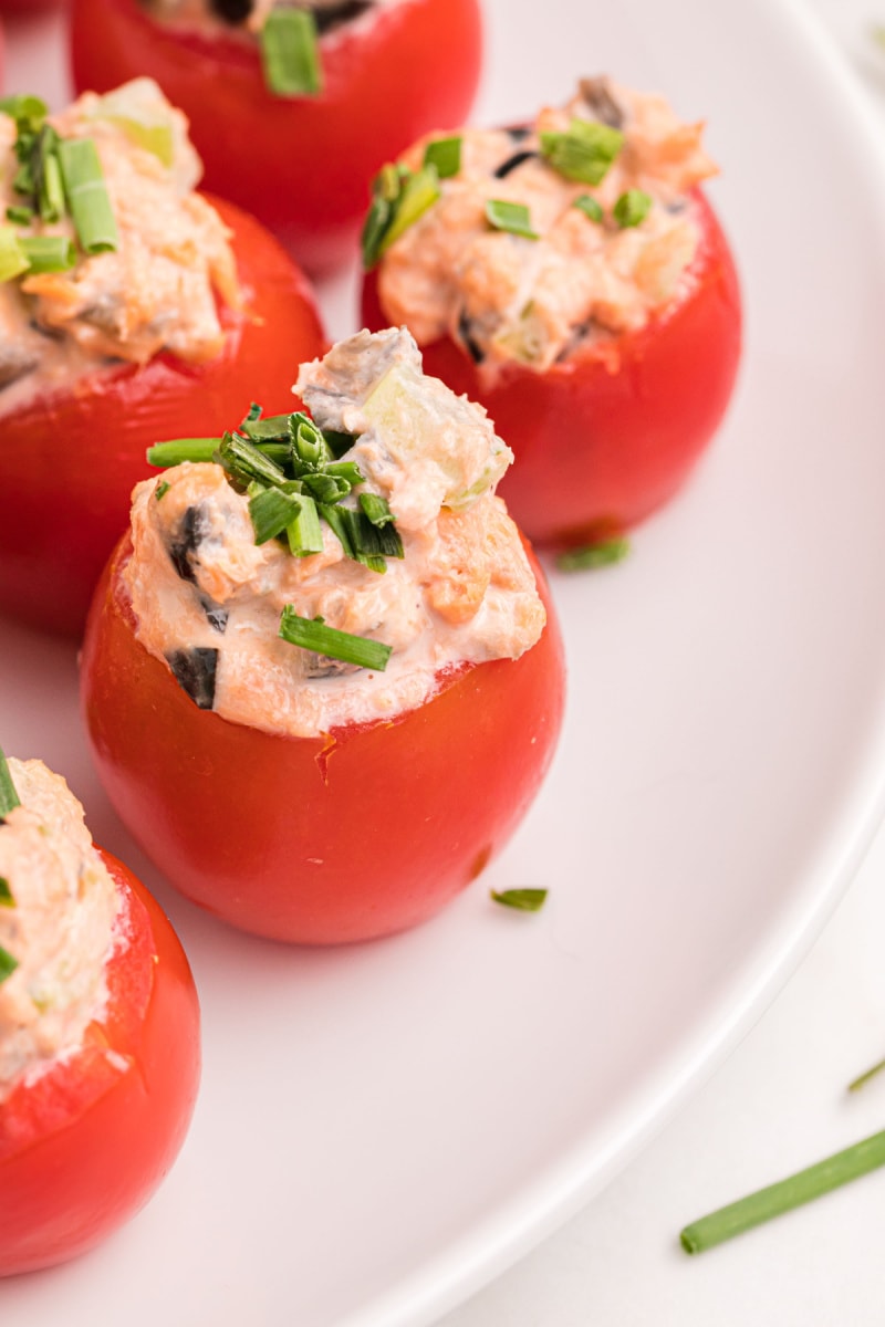 close up salmon stuffed cherry tomatoes