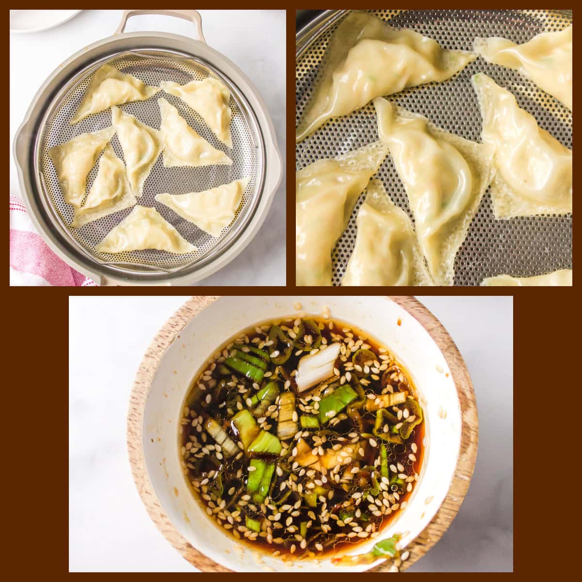Steamed Shrimp Dumplings recipe from RecipeGirl.com : Asian dumplings with sesame dipping sauce : Weight Watchers three photos showing steaming shrimp dumplings and bowl of sauce
