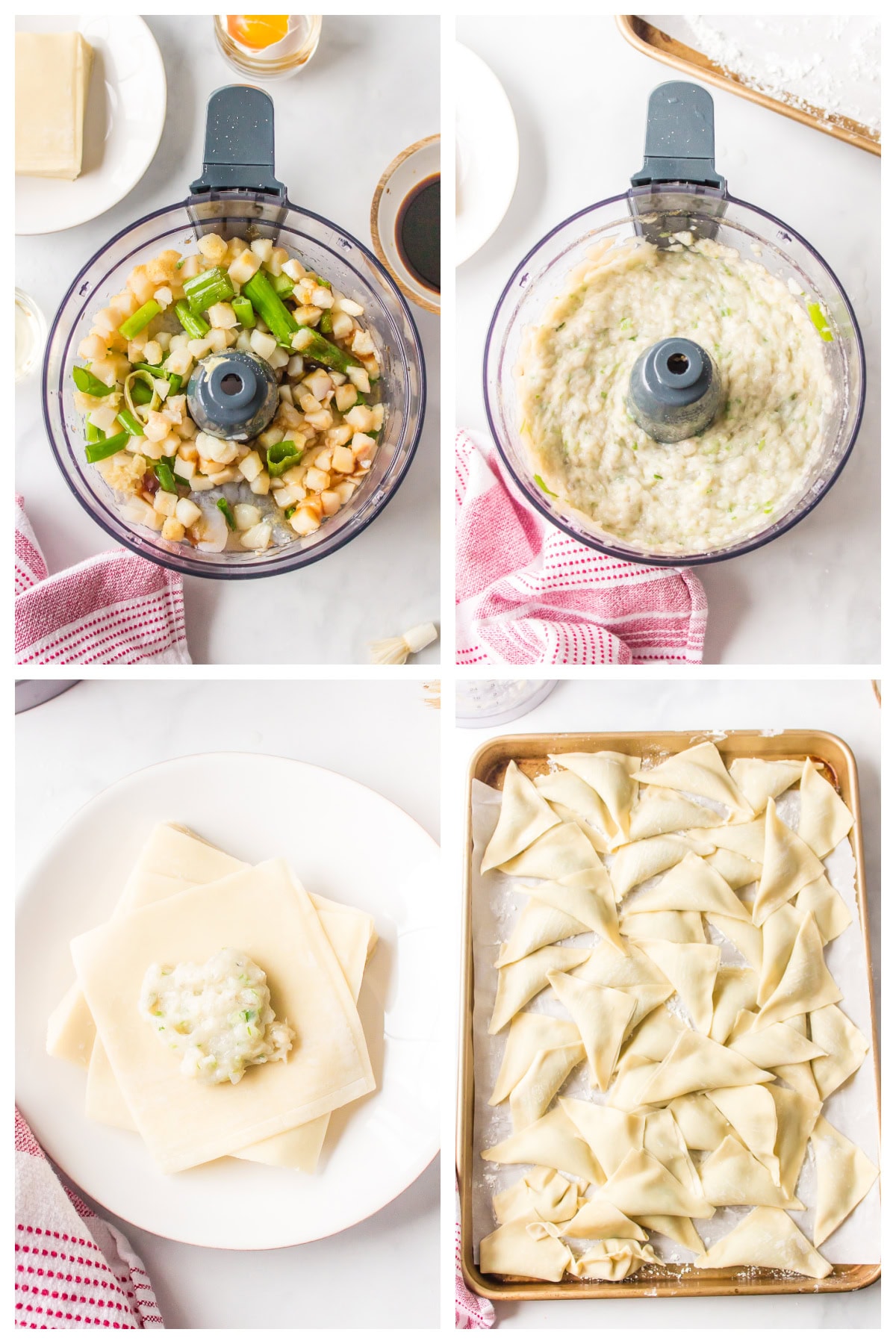 Steamed Shrimp Dumplings recipe from RecipeGirl.com : Asian dumplings with sesame dipping sauce : Weight Watchers four photos showing making filling for dumplings and then stuffing dumplings