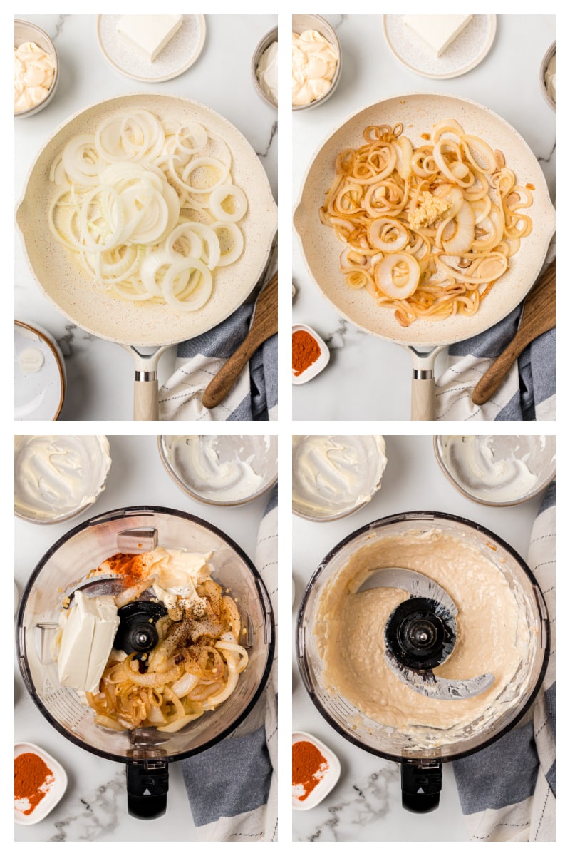 four photos sharing how to make sweet caramelized onion spread in food processor