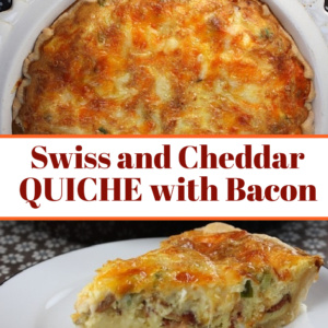 pinterest image for swiss and cheddar quiche