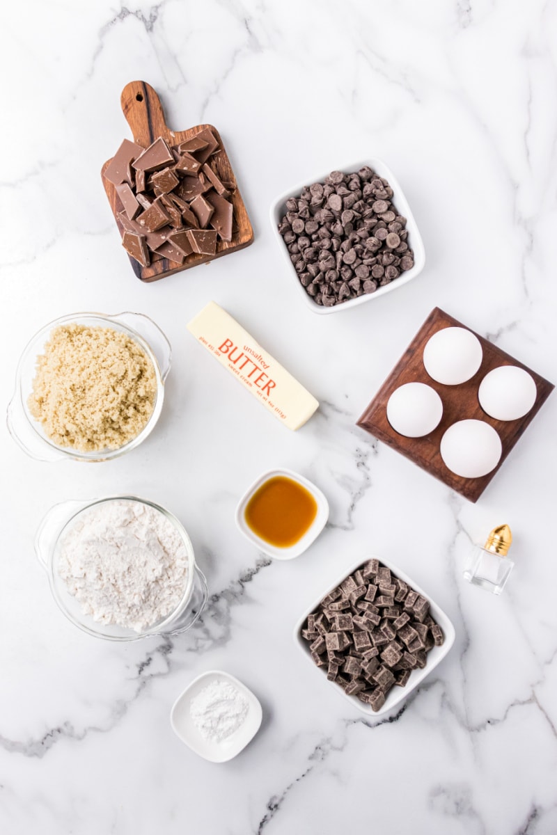 ingredients displayed for making triple chocolate chunk cookies