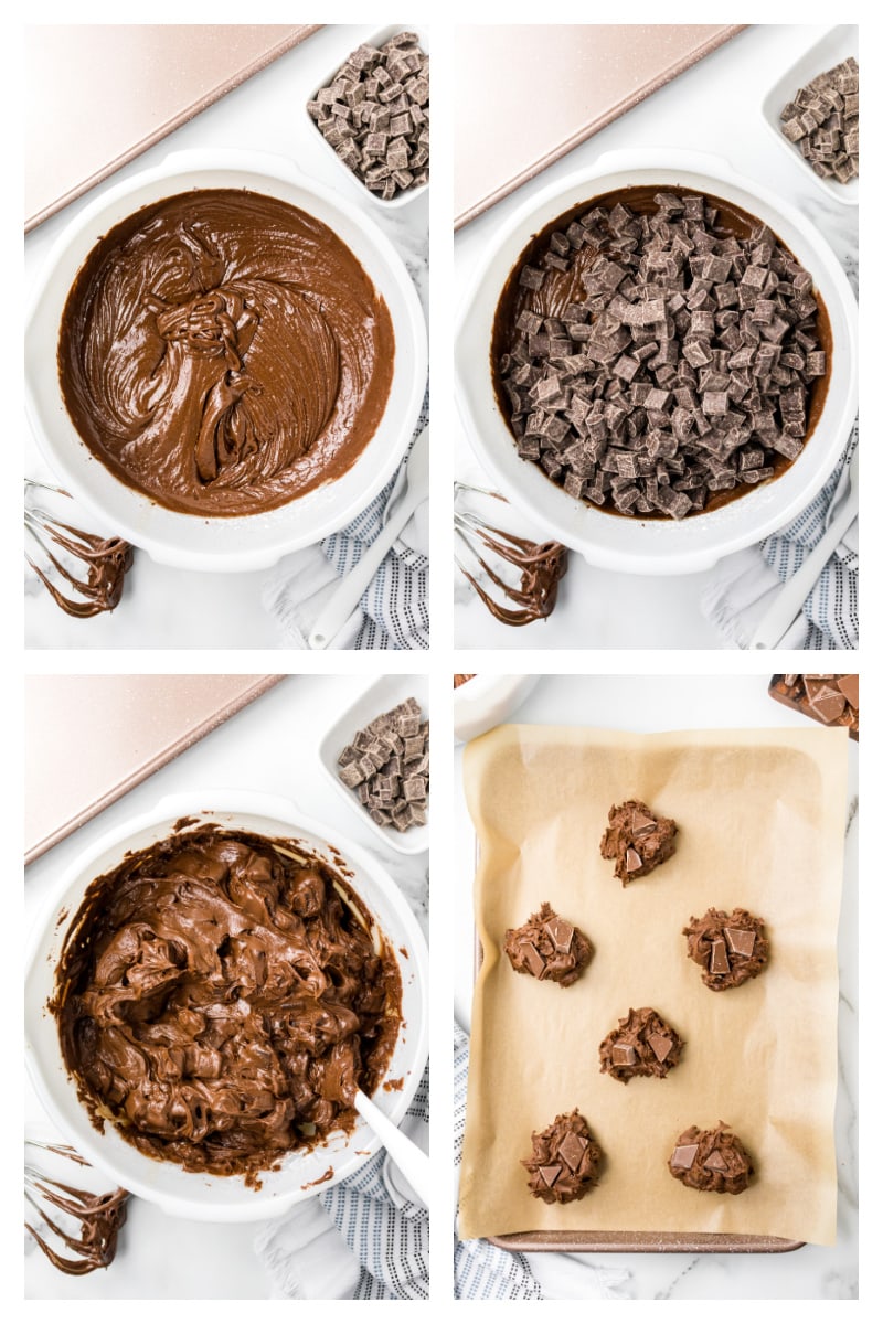 four photos showing how to make batter for chocolate chunk cookies