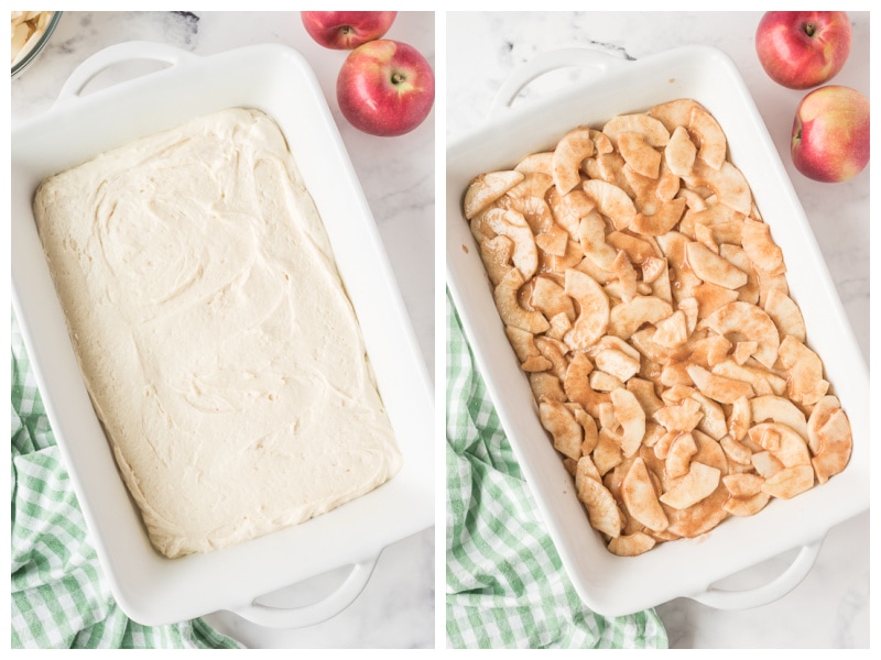 two photos showing cake batter in pan and then topped with apples