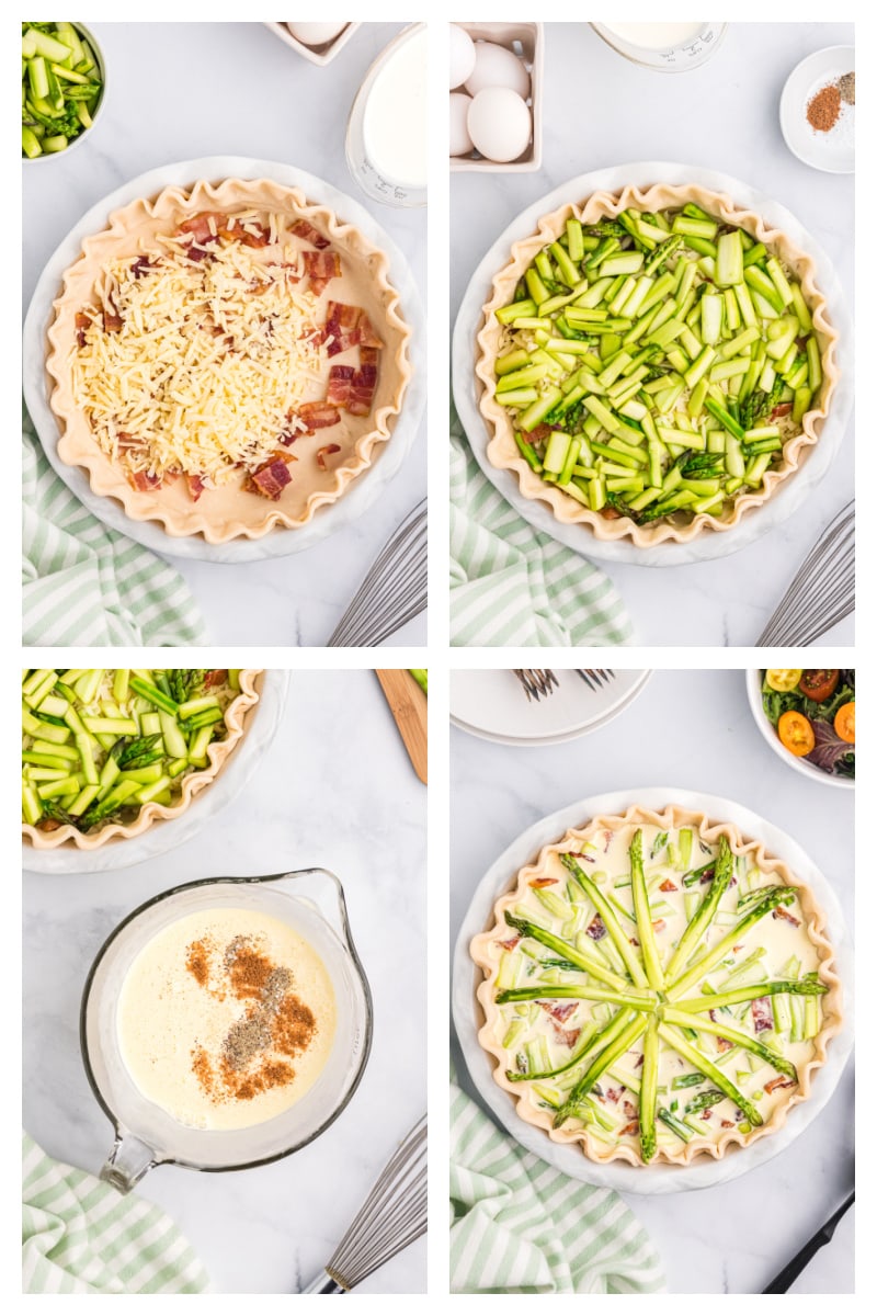 four photos showing how to assemble an asparagus quiche