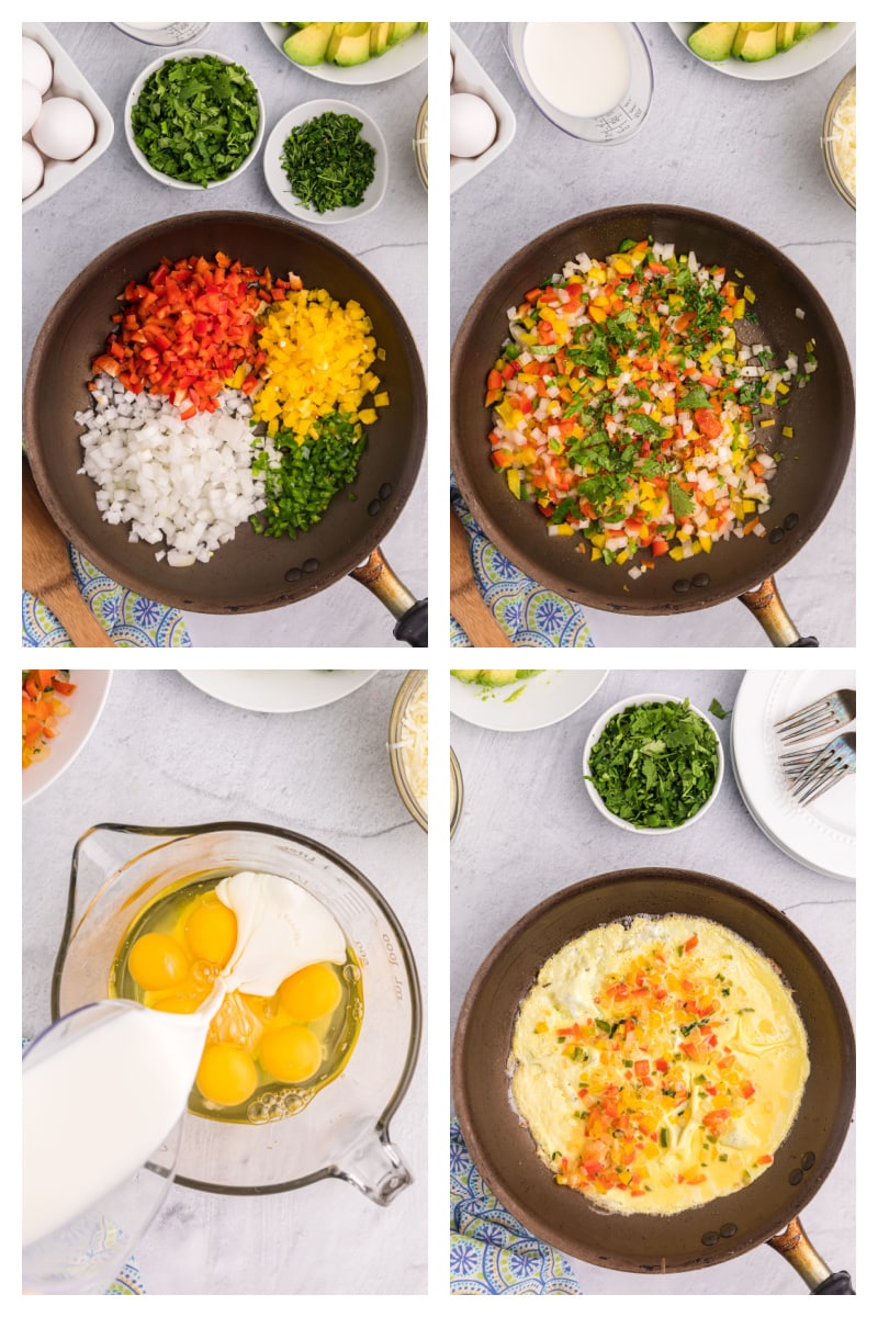 four photos showing how to make avocado manchego cheese omelette