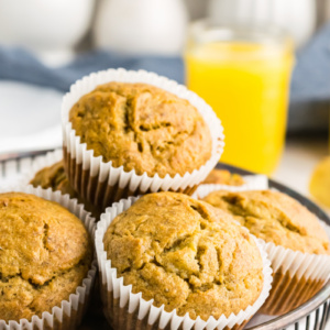 banana bran muffins in a wire basket