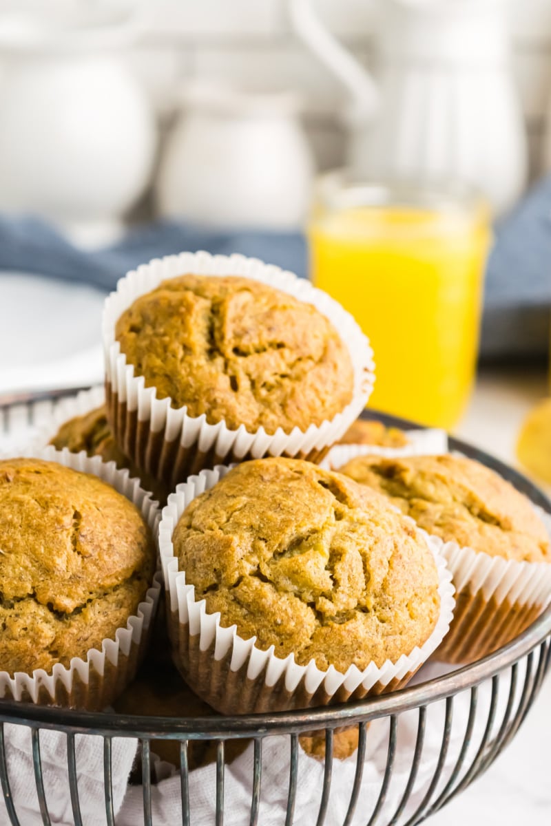 banana bran muffins in a wire basket