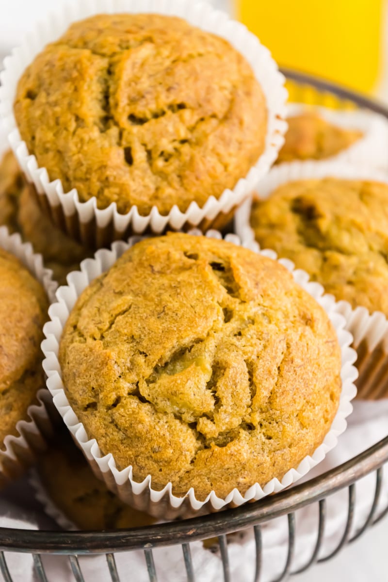 close up of banana bran muffins