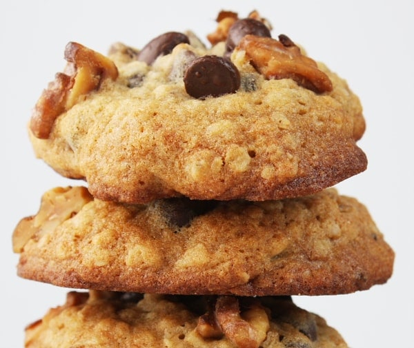 three stacked banana walnut chocolate chip cookies