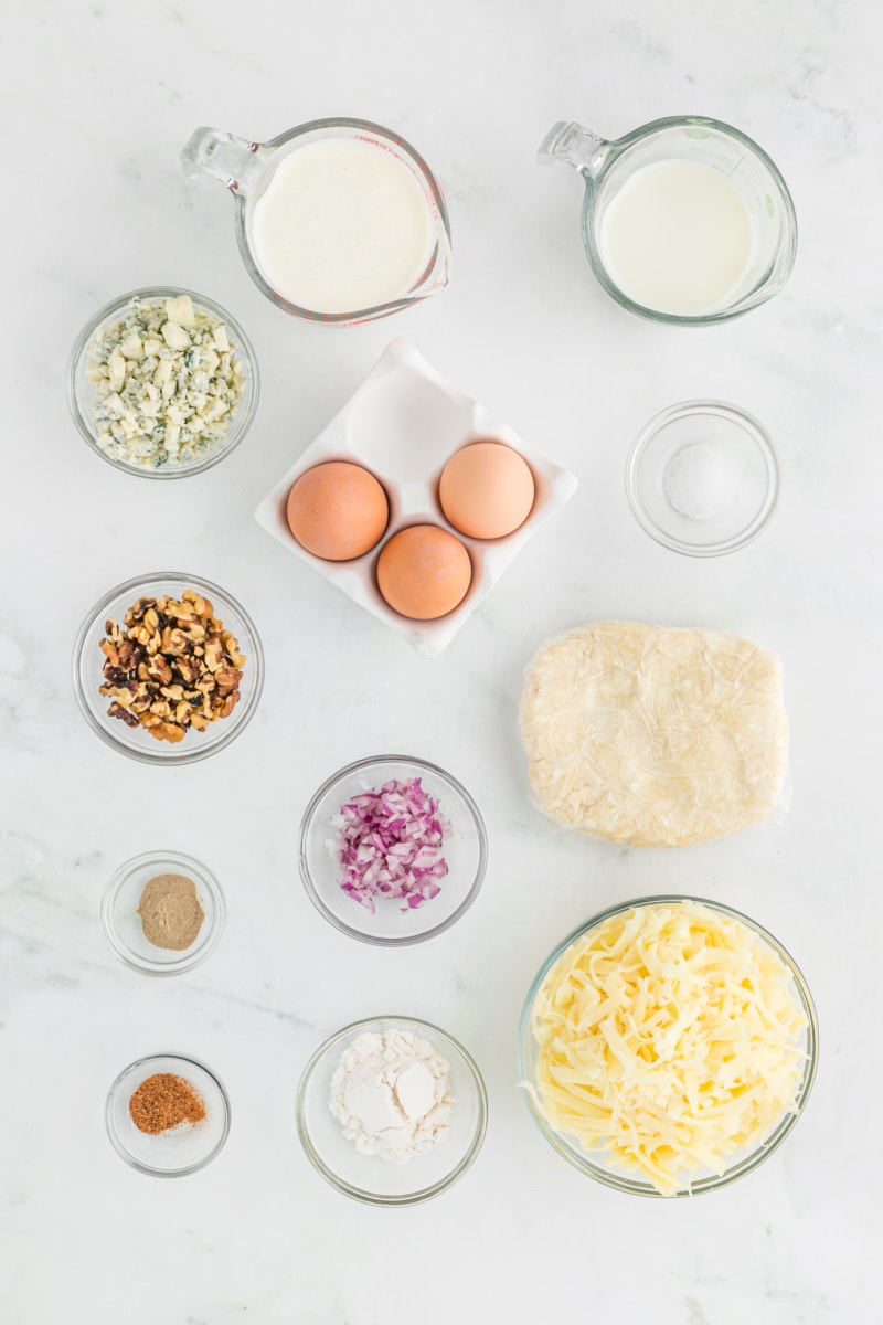 ingredients displayed for making blue cheese and walnut quiche