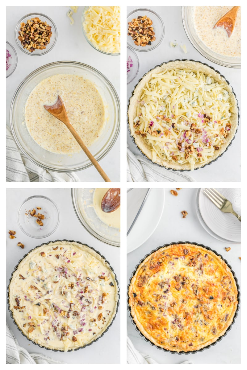 four photos showing how to make blue cheese and walnut quiche
