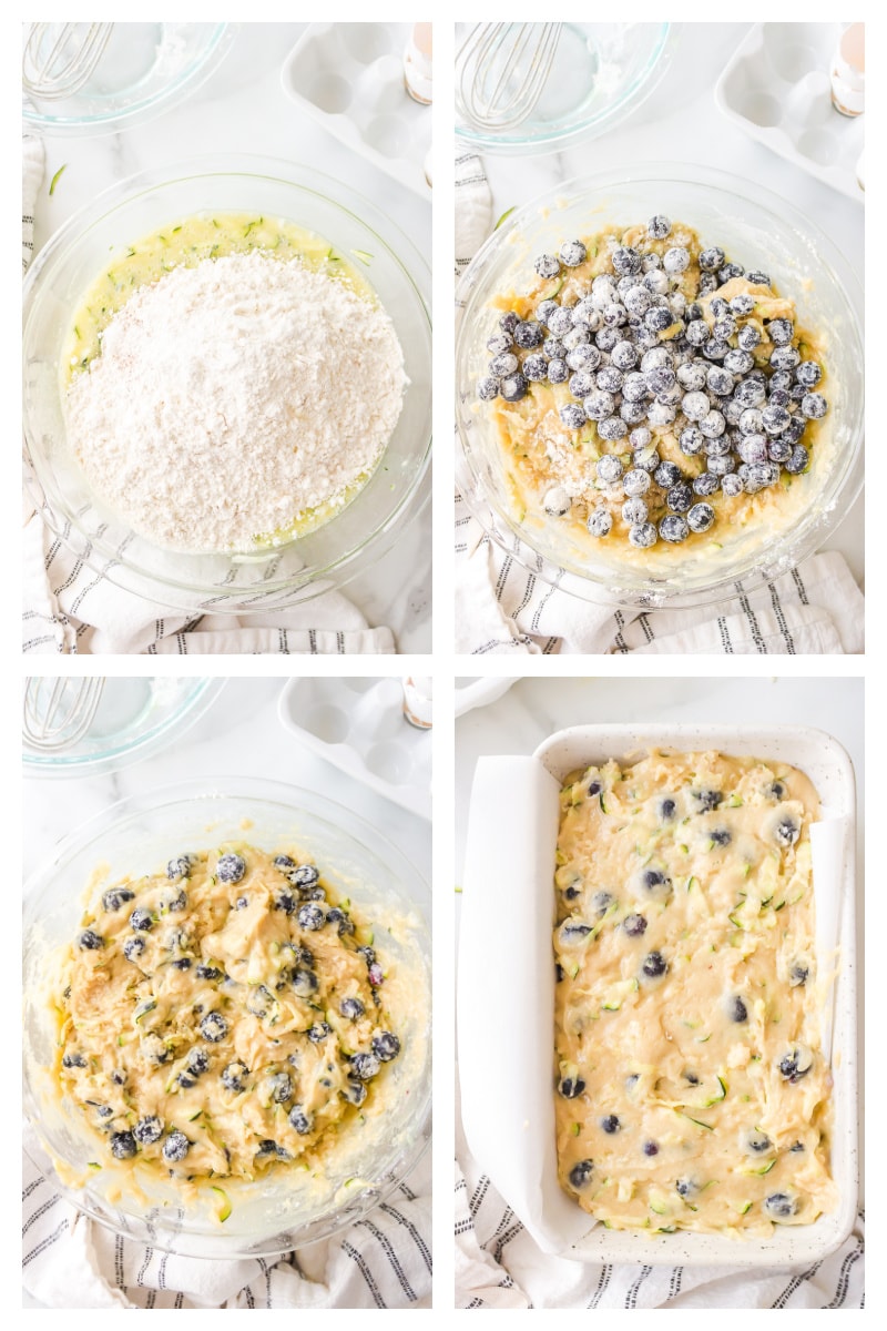 four photos showing how to make batter for blueberry zucchini bread