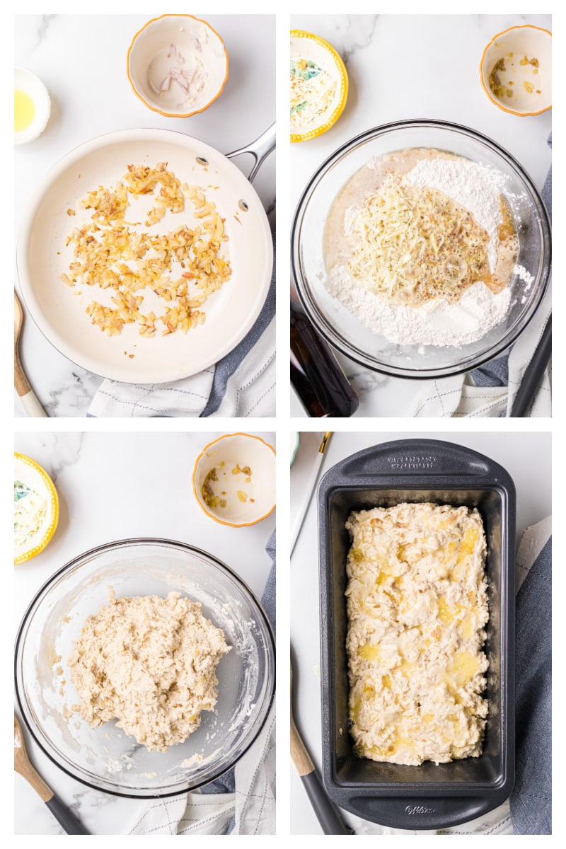 four photos showing how to make cheese and onion beer bread