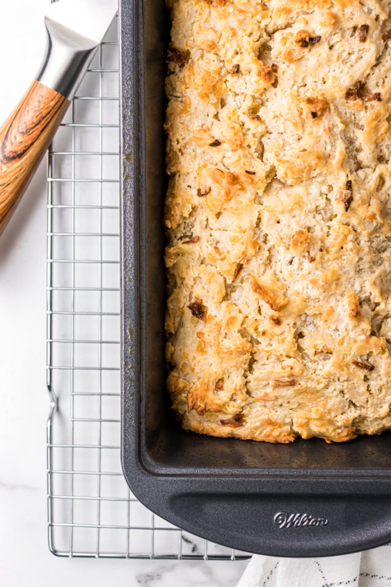 cheese and onion beer bread in loaf pan
