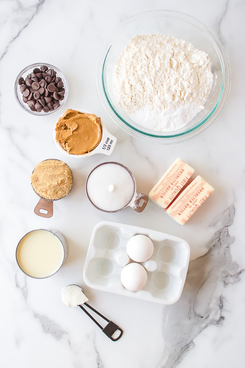 ingredients displayed for making chocolate swirled peanut butter cookies
