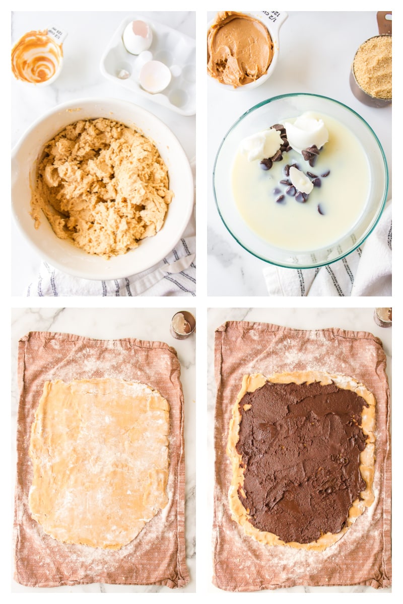 four photos showing process of making dough for chocolate peanut butter cookies