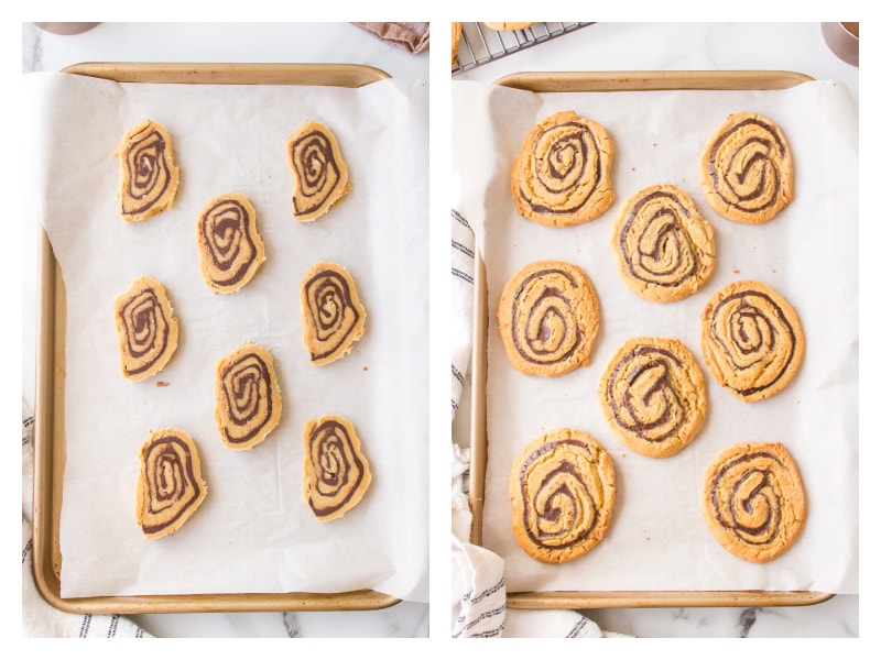 two photos showing cookies on a baking sheet and then baked cookies